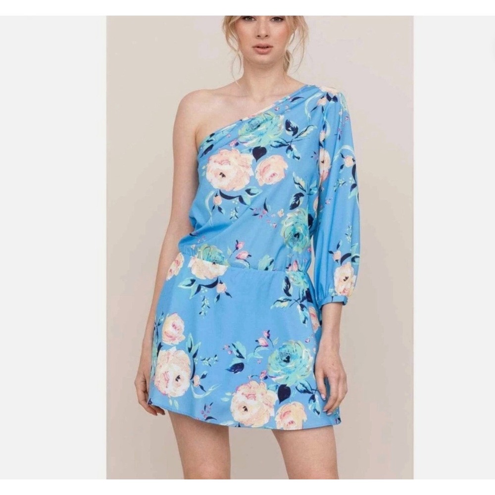 Anthropologie YUMI KIM Mini Dress M Blue Rose Garden One Shoulder Floral